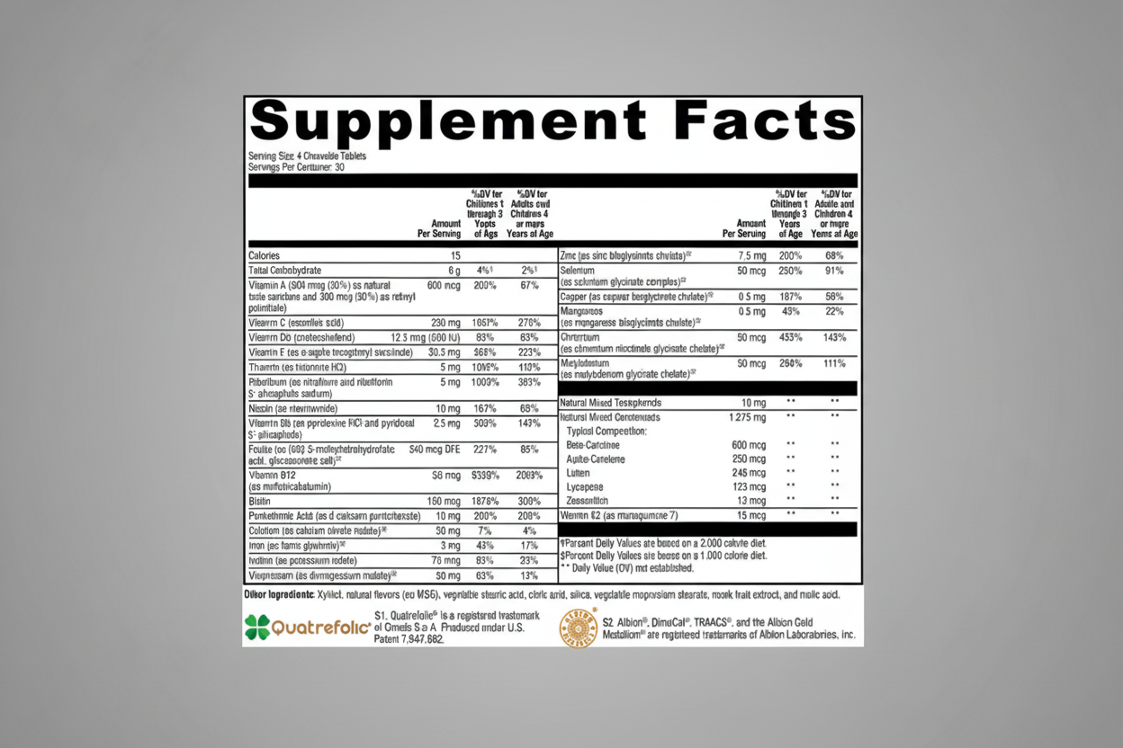 Supplement facts label with detailed nutritional information on a white background