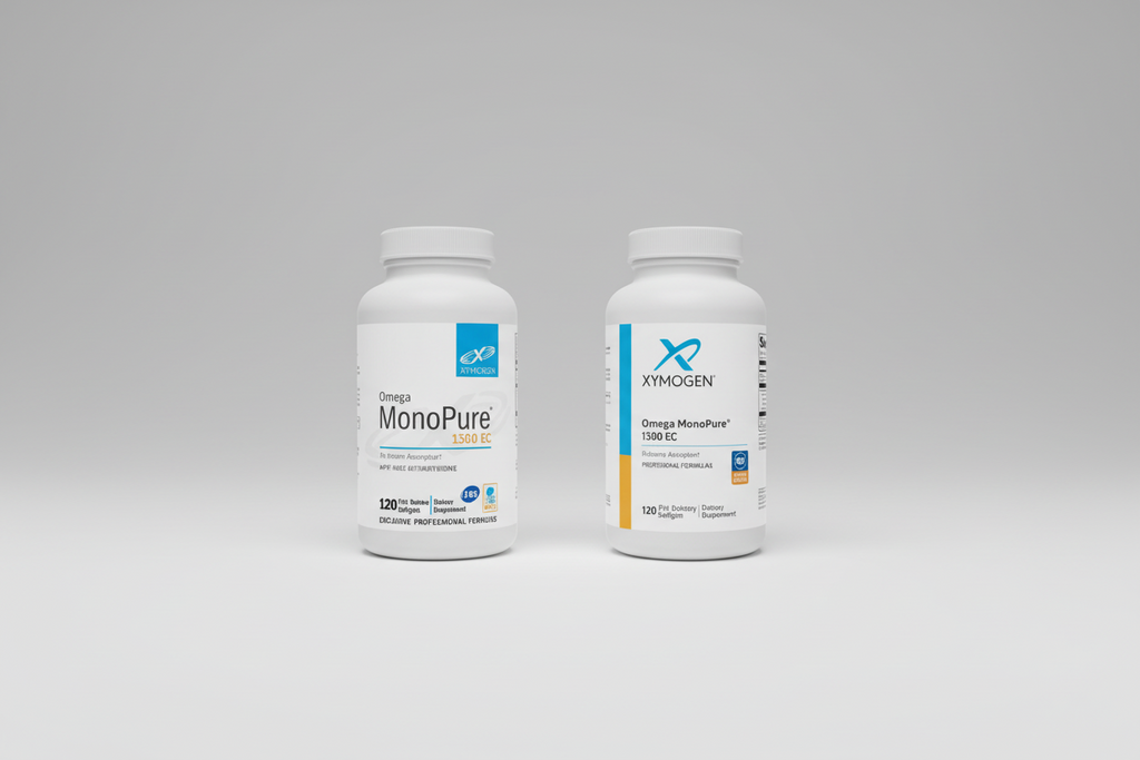 Two Xymogen supplement bottles, one original and one refreshed, on a white background.