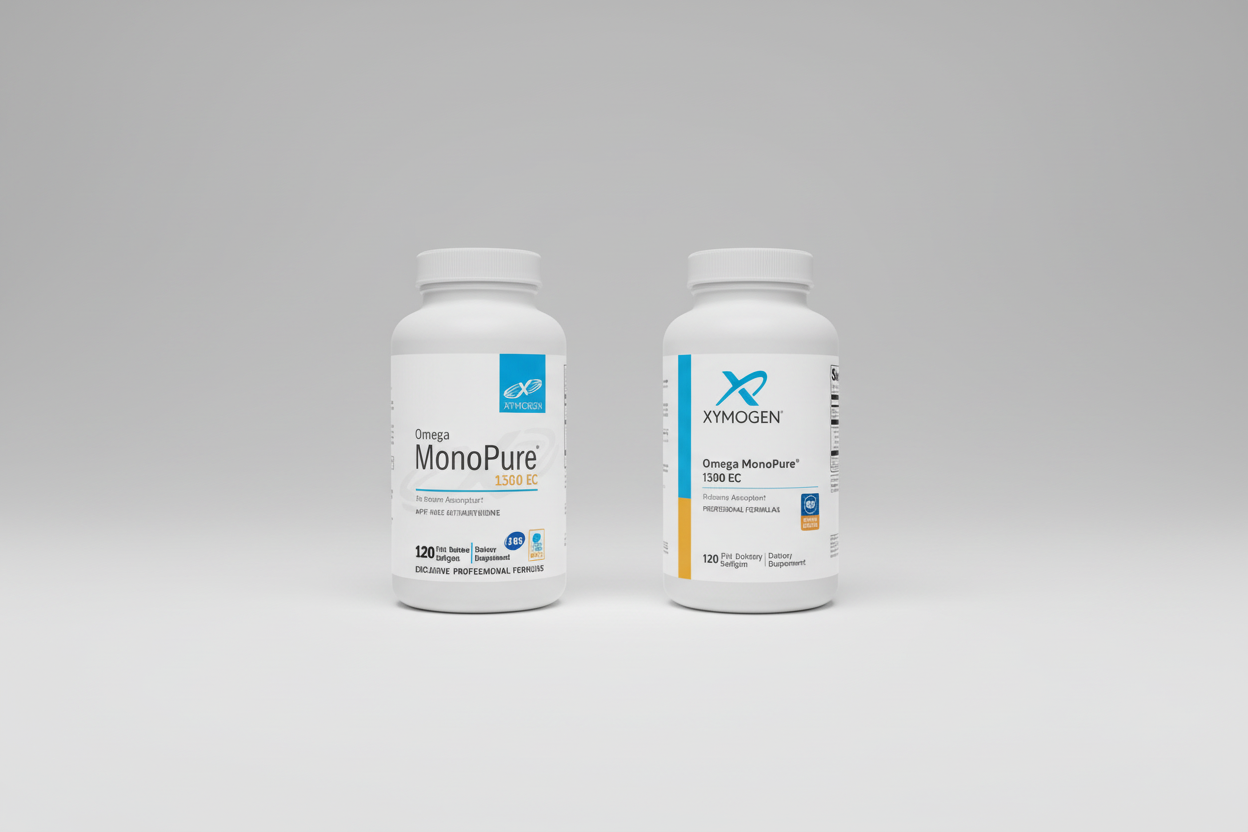 Two Xymogen supplement bottles, one original and one refreshed, on a white background.