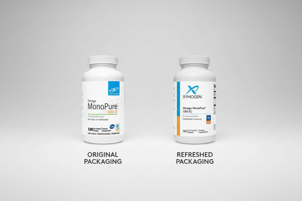 Two Xymogen supplement bottles, one original and one refreshed, on a white background.