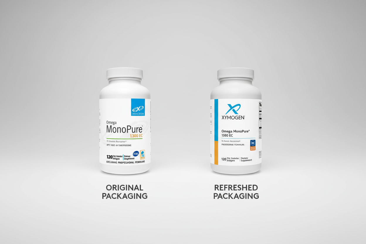Two Xymogen supplement bottles, one original and one refreshed, on a white background.