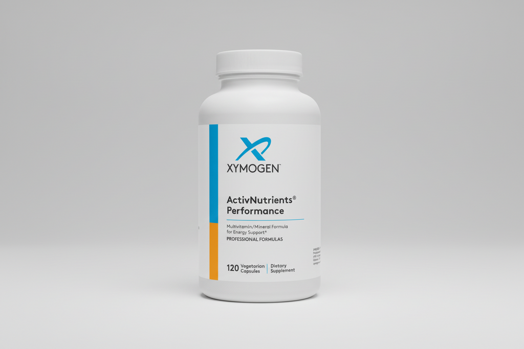 Supplement bottle labeled 'Xymogen ActivNutrients Performance' on a white background