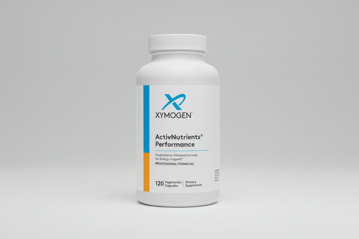 Supplement bottle labeled 'Xymogen ActivNutrients Performance' on a white background