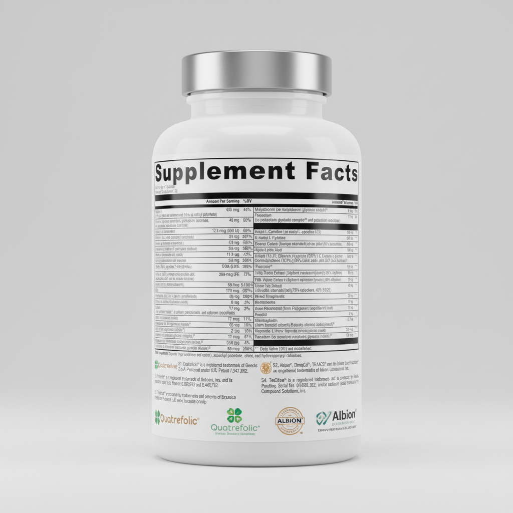 Supplement facts label with detailed nutritional information on a white background