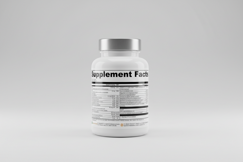 Supplement facts label with detailed nutritional information on a white background