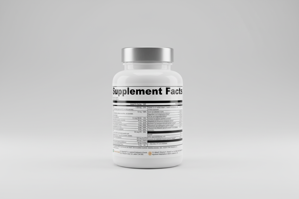 Supplement facts label with detailed nutritional information on a white background