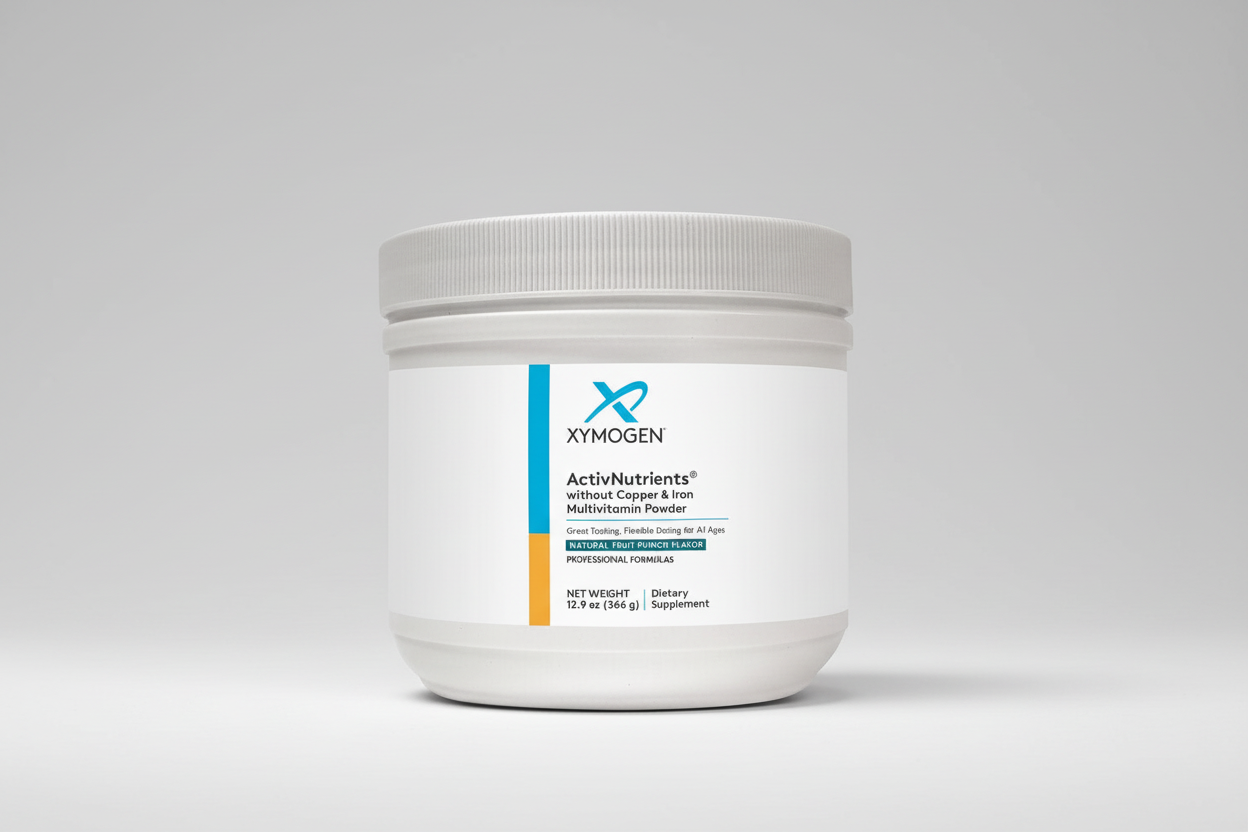 Xymogen ActivNutrients supplement powder container on a white background