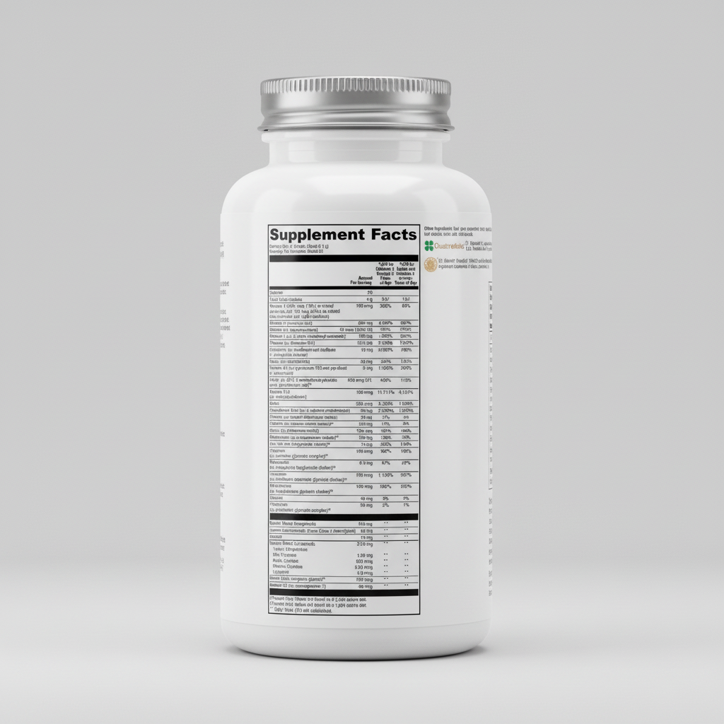 Supplement facts label with detailed nutritional information on a white background