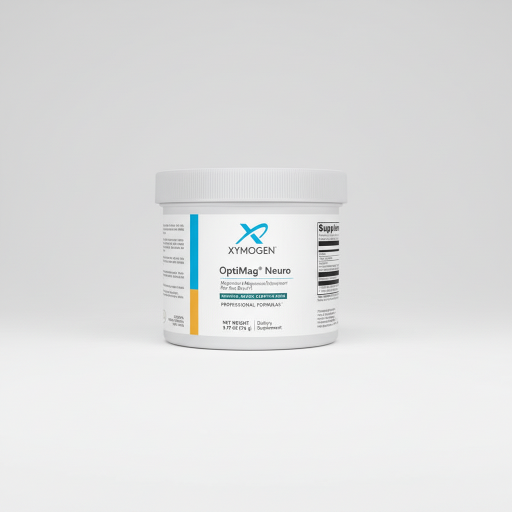 Comparison of Xymogen OptiMag Neuro supplement containers with original and refreshed packaging on a white background.