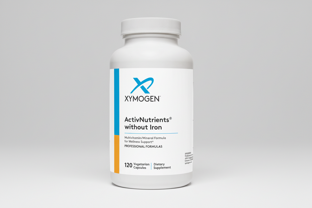 Supplement bottle labeled 'Xymogen ActivNutrients without Iron' on a white background