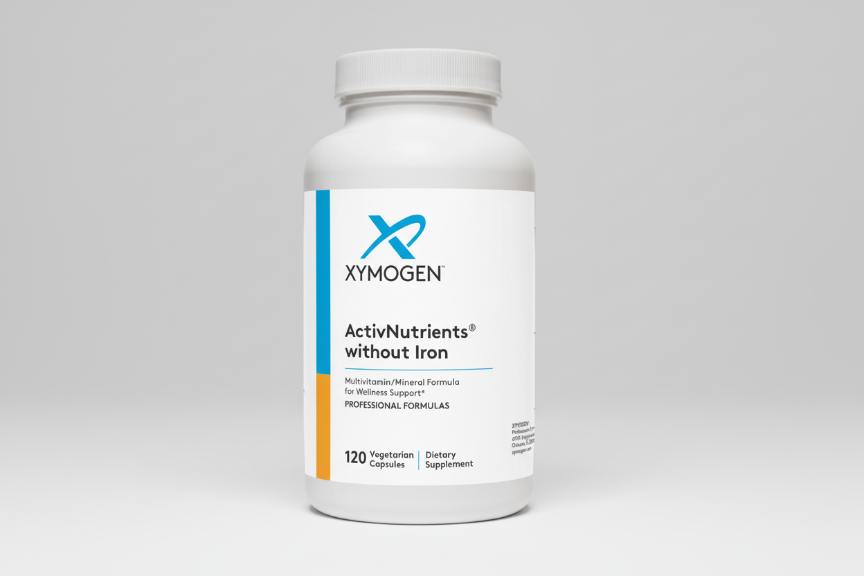 Supplement bottle labeled 'Xymogen ActivNutrients without Iron' on a white background