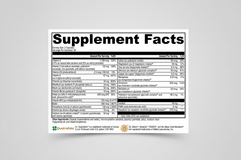Supplement facts label with detailed nutritional information on a white background