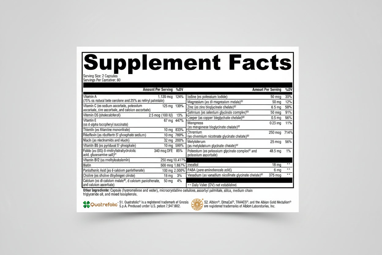 Supplement facts label with detailed nutritional information on a white background