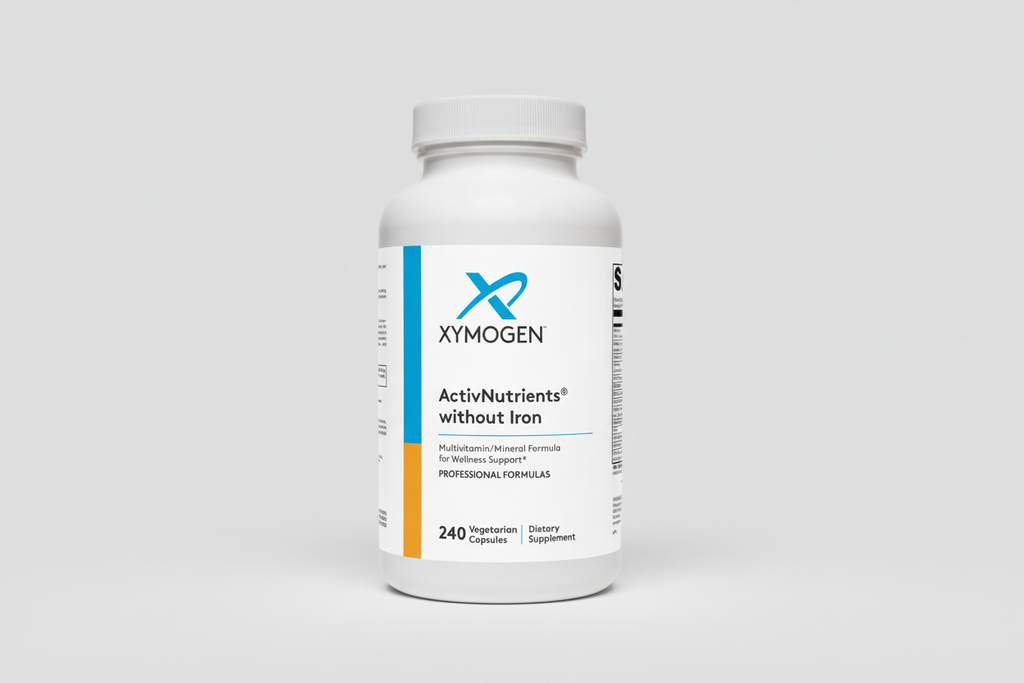 Xymogen ActivNutrients without Iron supplement bottle on a white background