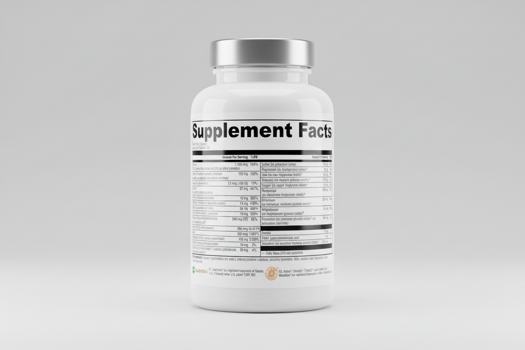 Supplement facts label with detailed nutritional information on a white background