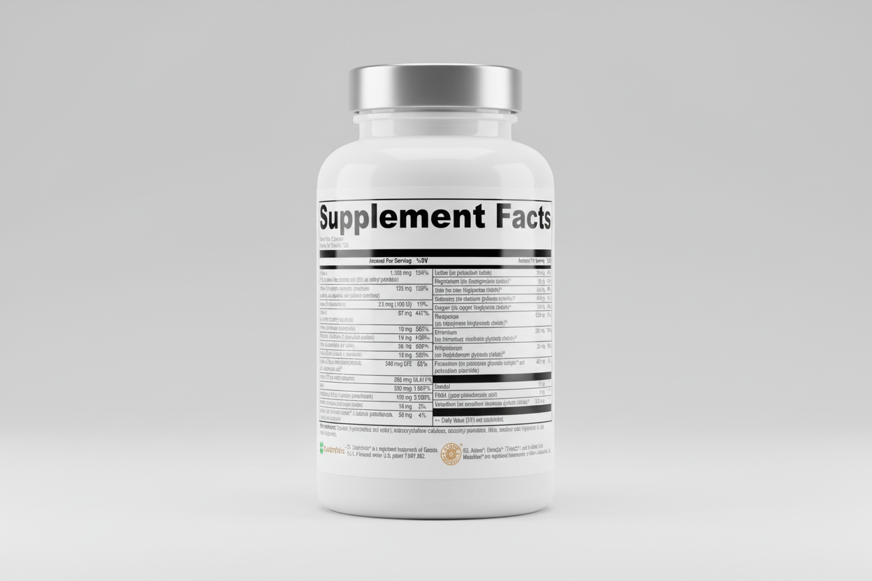 Supplement facts label with detailed nutritional information on a white background