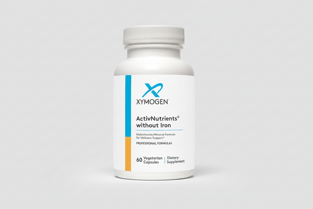 Xymogen ActivNutrients without Iron dietary supplement bottle on a white background