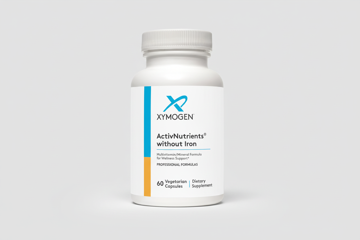 Xymogen ActivNutrients without Iron dietary supplement bottle on a white background