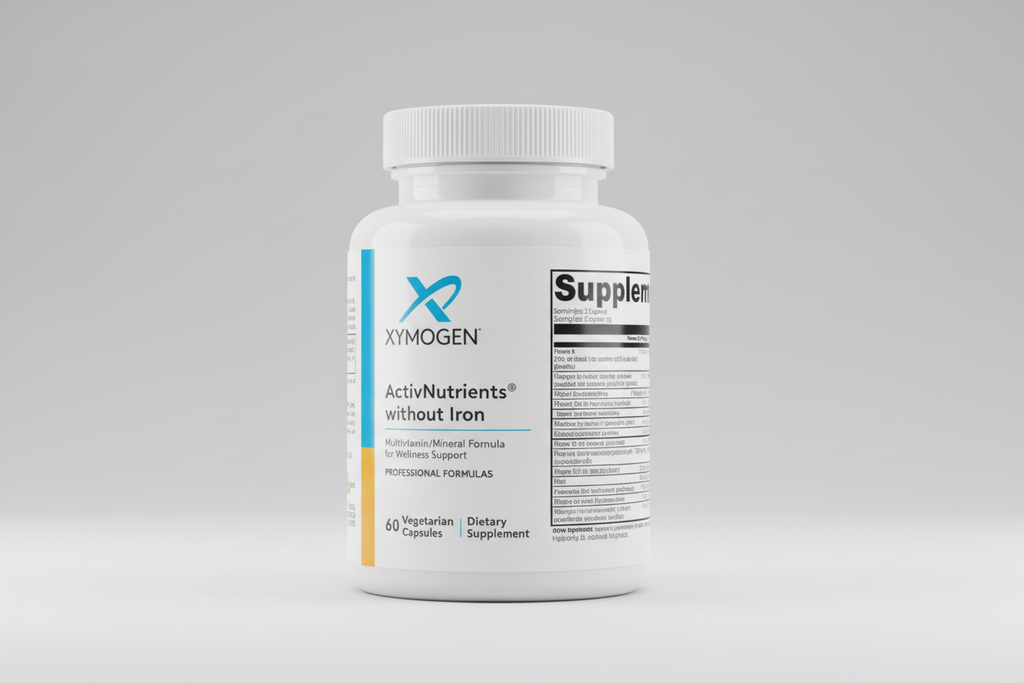 Supplement label for Xymogen ActiviNutrients without Iron on a white background