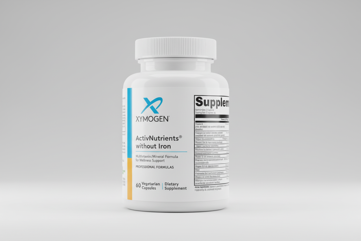 Supplement label for Xymogen ActiviNutrients without Iron on a white background