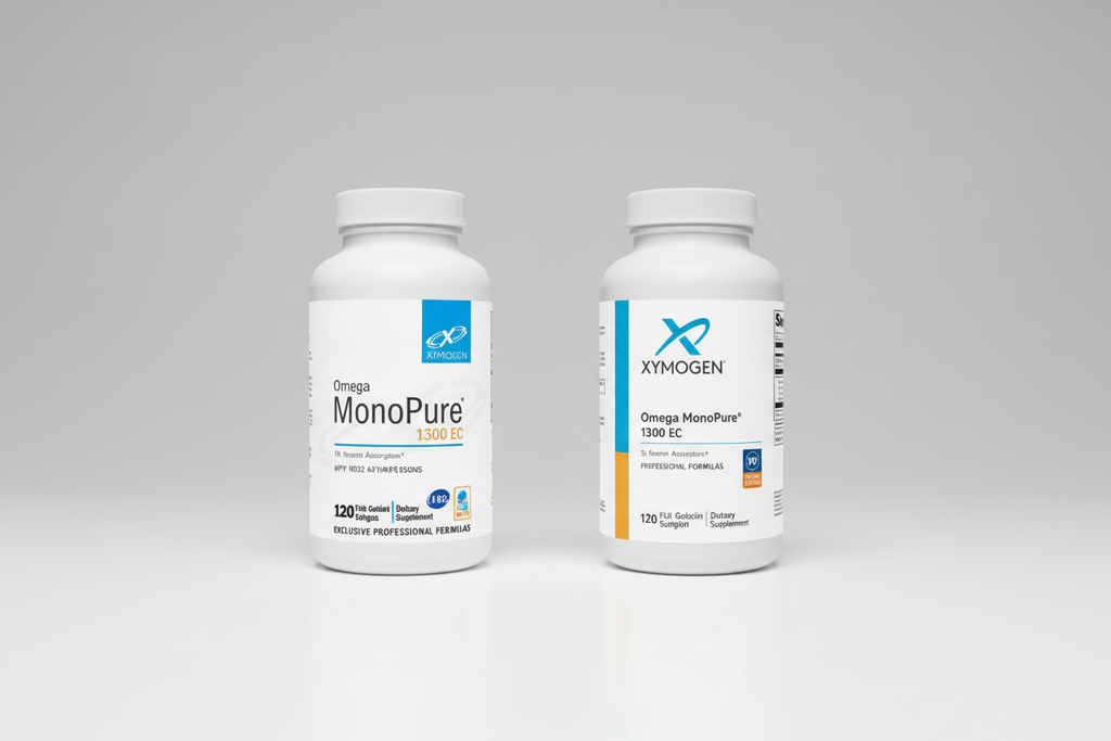 Two Xymogen supplement bottles, one original and one refreshed, on a white background.
