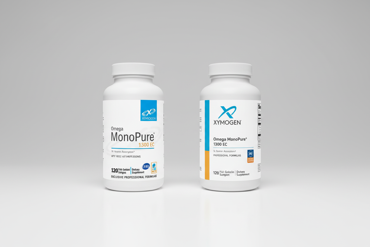 Two Xymogen supplement bottles, one original and one refreshed, on a white background.
