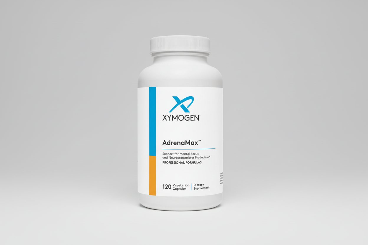 Supplement bottle labeled 'Xymogen AdrenaMax' on a white background