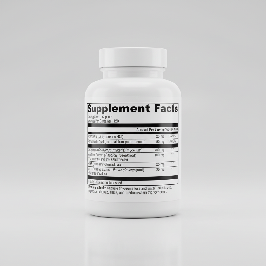 Supplement facts label with detailed nutritional information on a black background