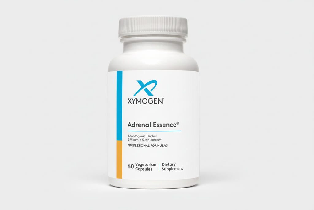 Supplement bottle labeled 'Adrenal Essence' by Xymogen on a white background