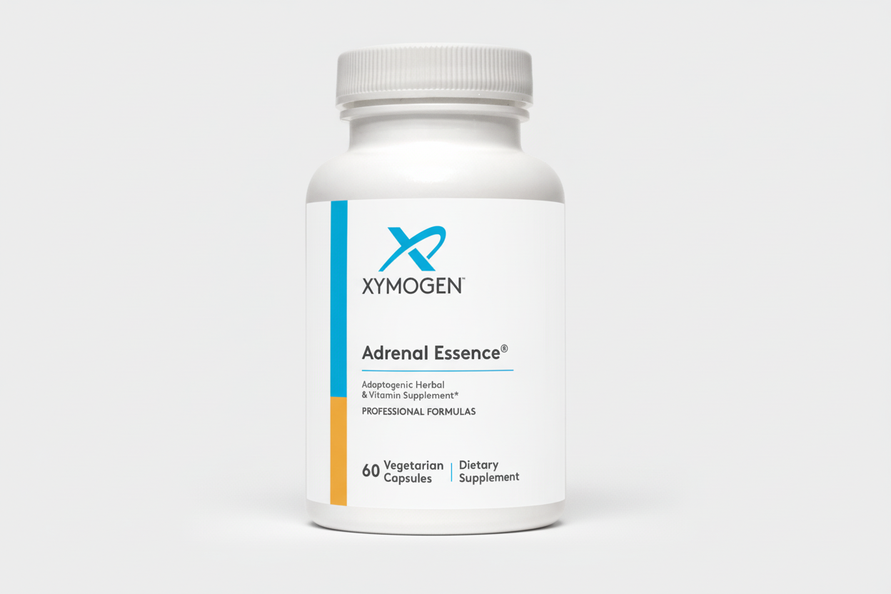 Supplement bottle labeled 'Adrenal Essence' by Xymogen on a white background