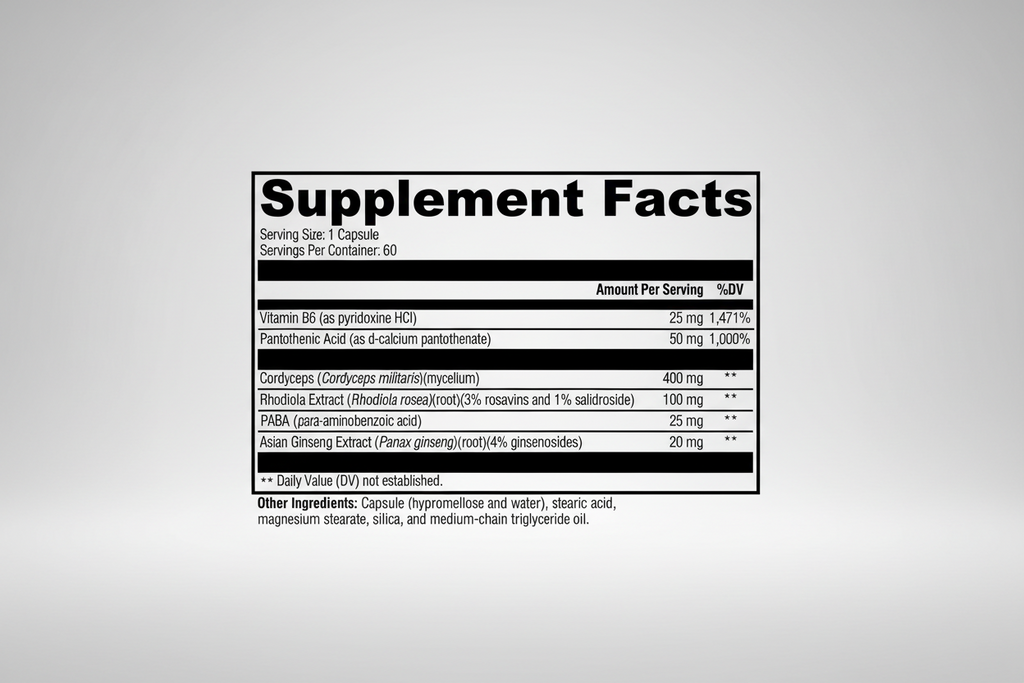 Supplement facts label with detailed nutritional information on a white background