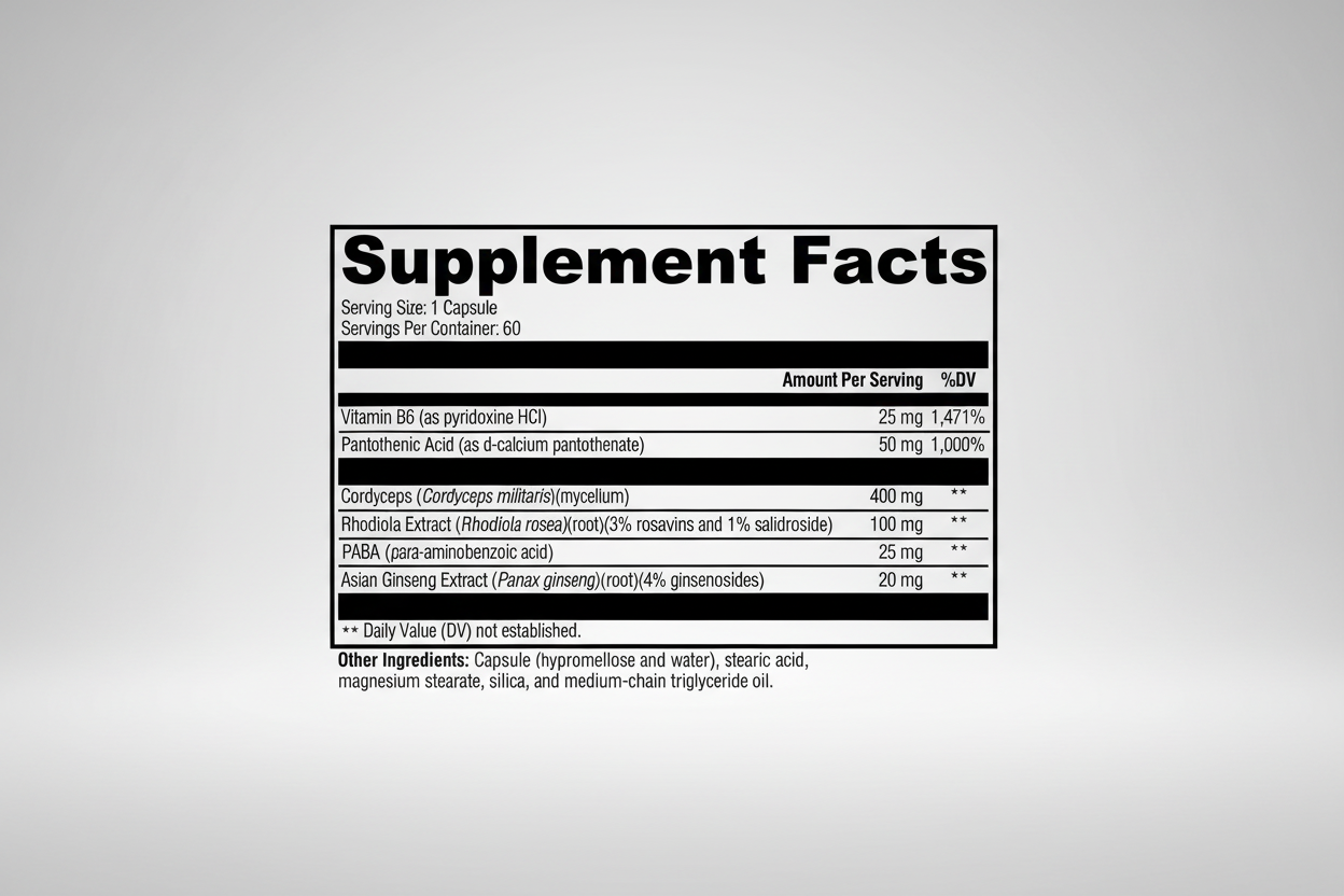 Supplement facts label with detailed nutritional information on a white background