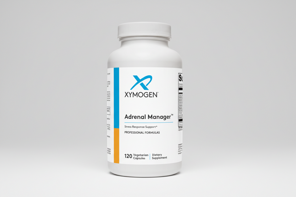 Supplement bottle labeled 'Adrenal Manager' by Xymogen on a white background