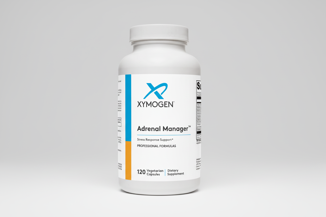 Supplement bottle labeled 'Adrenal Manager' by Xymogen on a white background