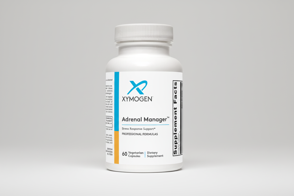 Xymogen Adrenal Manager dietary supplement bottle on a white background