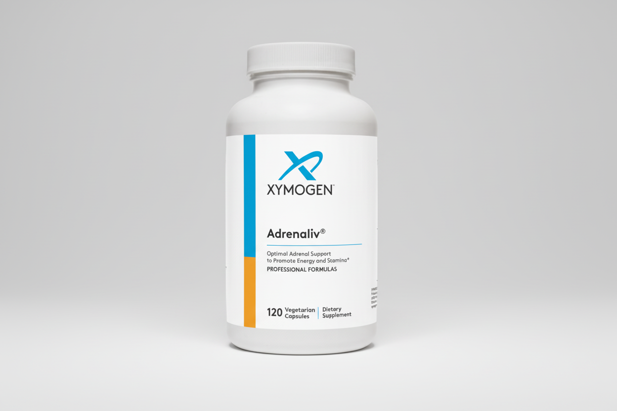 White supplement bottle labeled 'Adrenaliv' by Xymogen on a white background