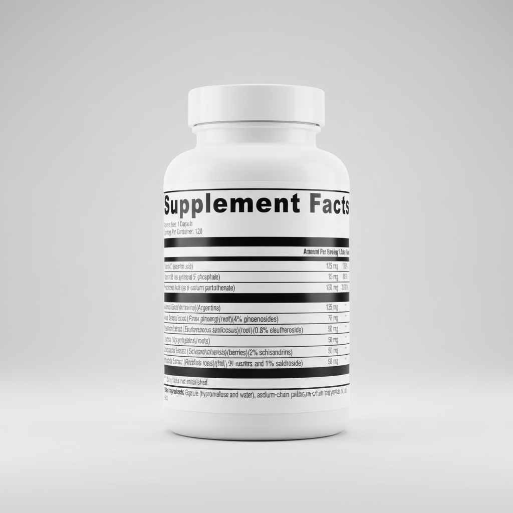 Supplement facts label with detailed nutritional information on a white background
