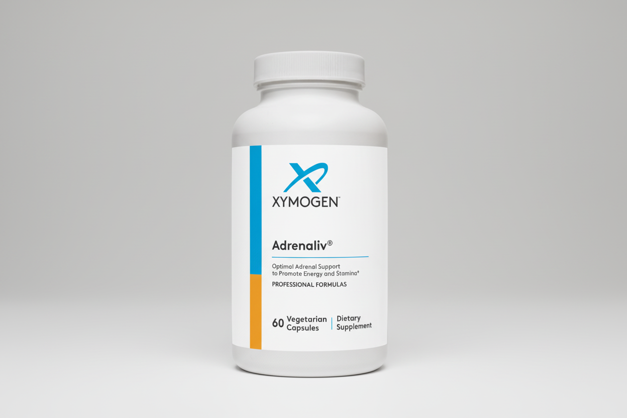 XYMOGEN Adrenaliv dietary supplement bottle on a white background