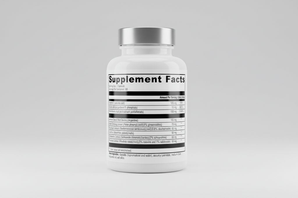 Supplement facts label with detailed nutritional information on a white background