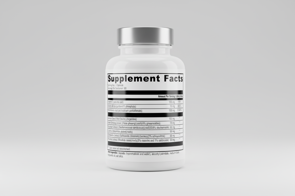Supplement facts label with detailed nutritional information on a white background