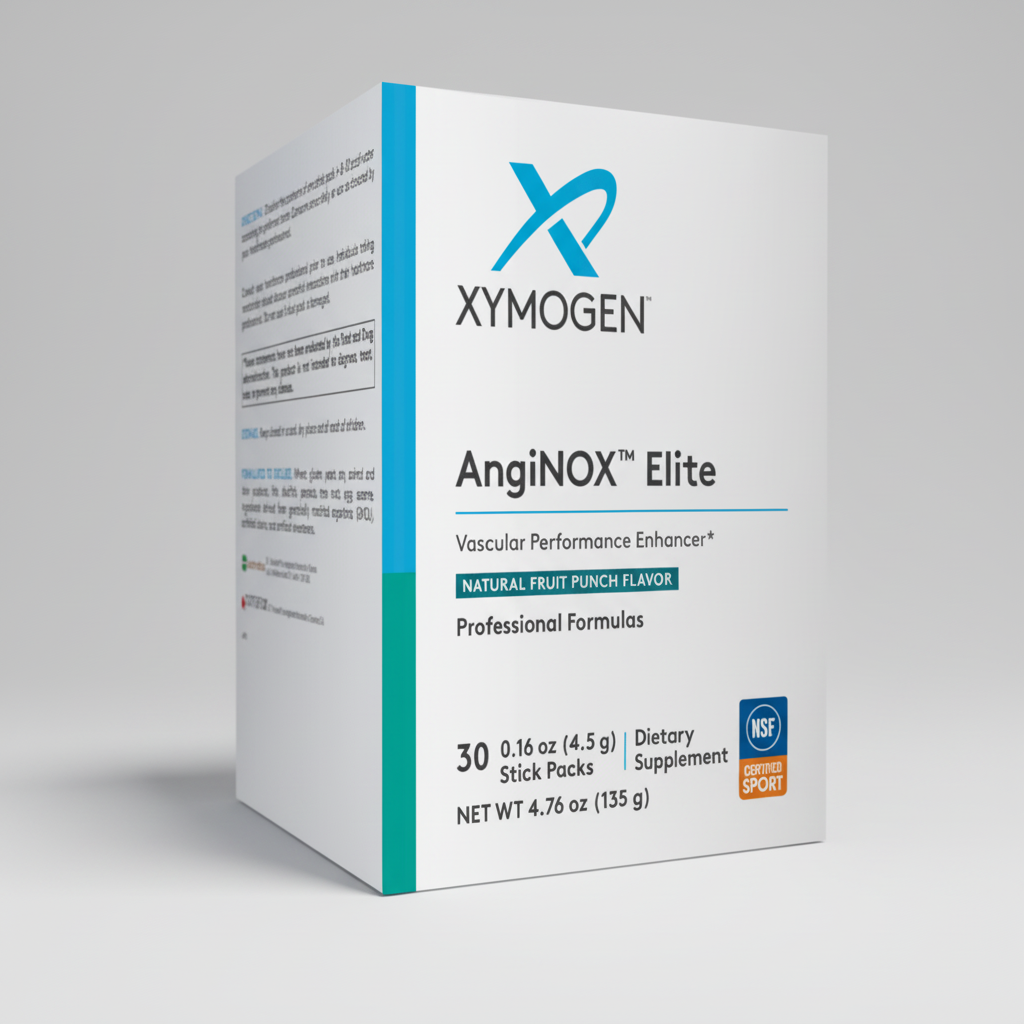 Xymogen AngiNOX Elite dietary supplement box on a white background