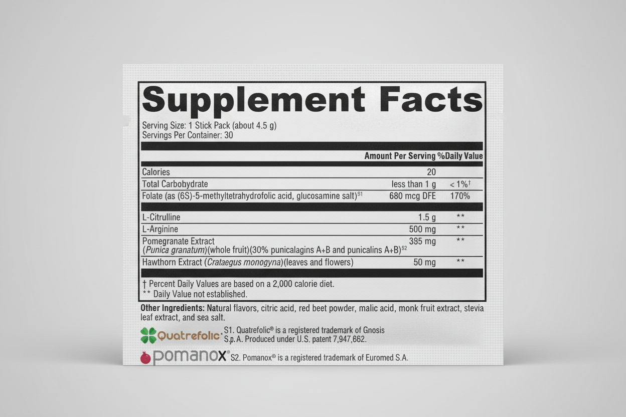 Supplement facts label with Quatrefolic and Pomanox branding on a white background