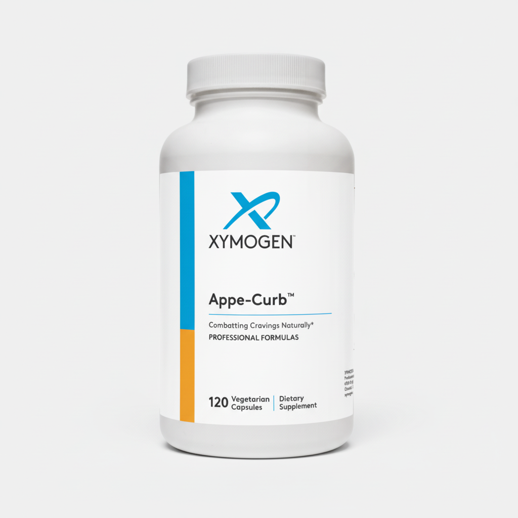 White supplement bottle labeled 'Xymogen Appe-Curb' on a white background