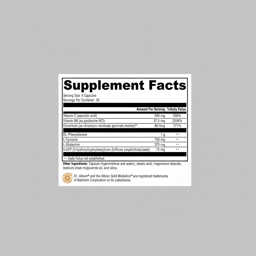 Supplement facts label with detailed nutritional information and branding details.