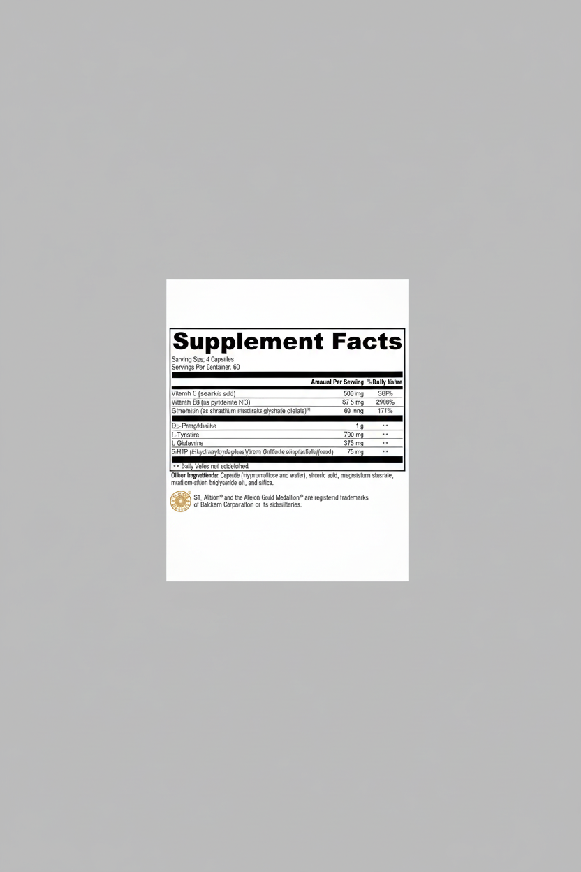 Supplement facts label with various nutrients listed on a white background