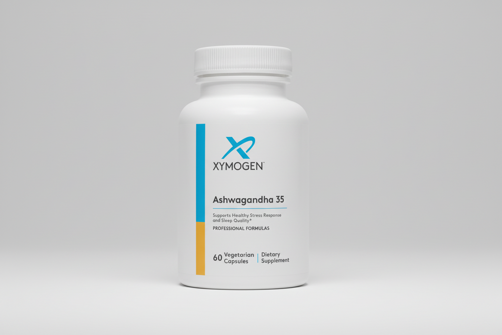 Supplement bottle labeled 'Xymogen Ashwagandha 35' on a white background