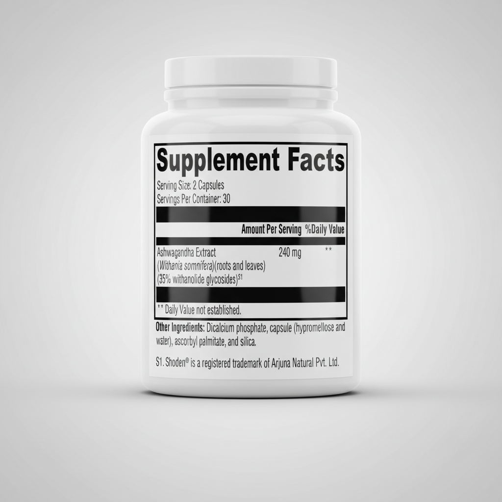 Supplement facts label with Ashwagandha Extract on a white background