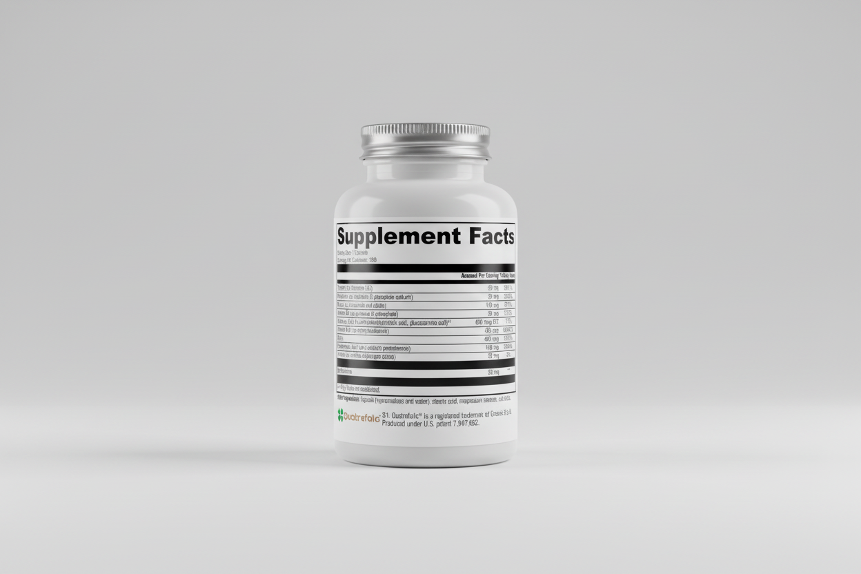 Supplement facts label with detailed nutritional information on a white background
