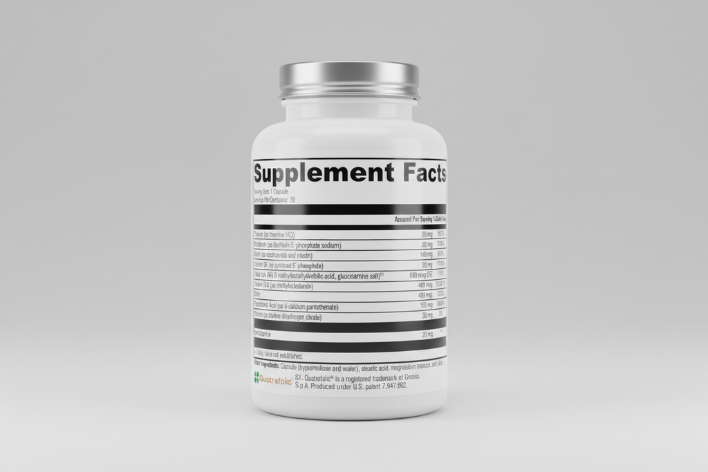 Supplement facts label with detailed nutritional information on a white background