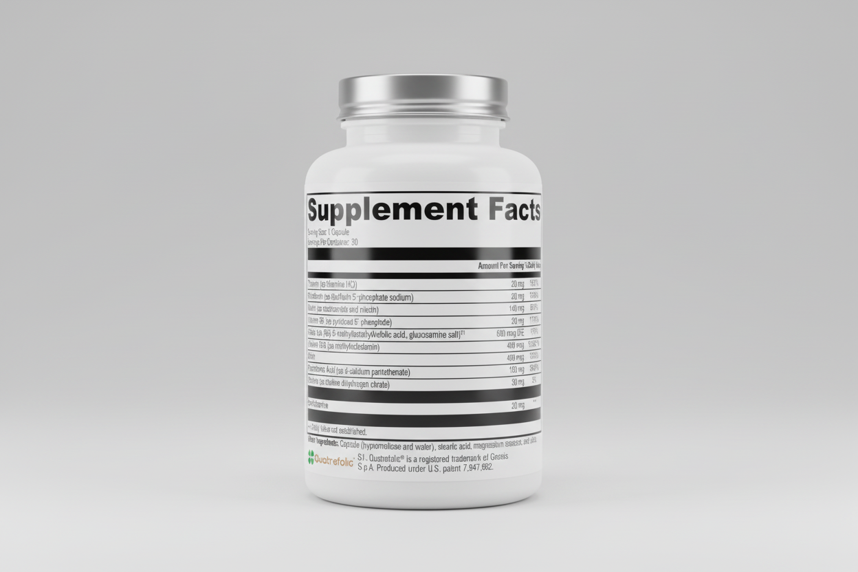 Supplement facts label with detailed nutritional information on a white background
